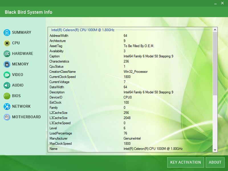 Black Bird System Information: find out the maximum information about your PC